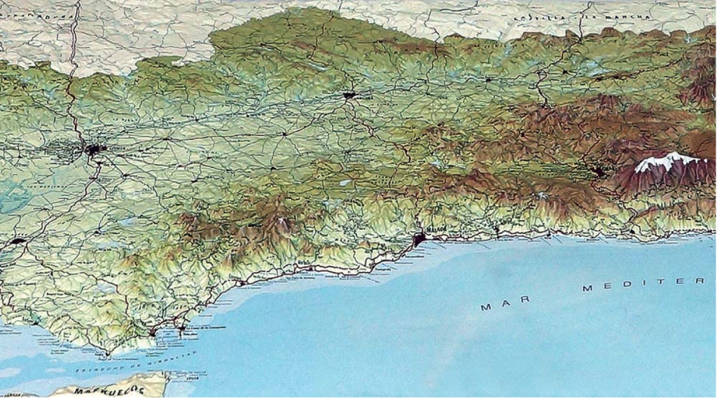 Ukázka části trojrozměrné reliéfní mapy Andalusie (1 : 500 000)